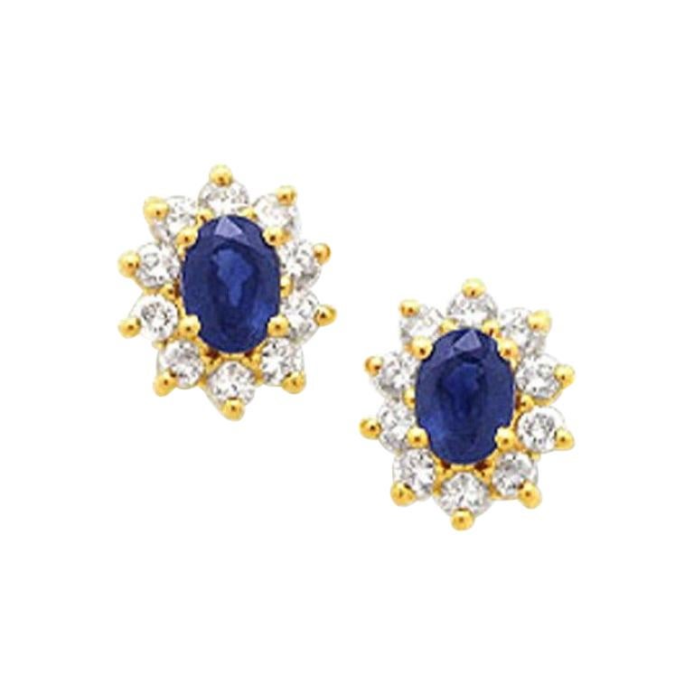2.04 Carat Oval and Round Cut Sapphire and Diamond Earrings in 14 Karat Gold For Sale