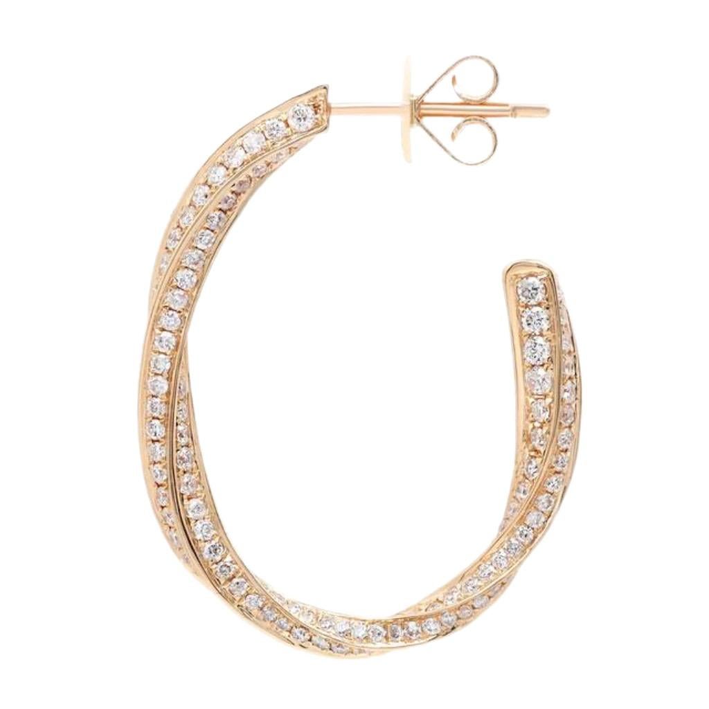 Elevate your style with the exquisite 2.04 Carat Pave Set Round Cut Twist Diamond Hoop Earrings in 18k Yellow Gold. These earrings are a captivating blend of elegance and allure, combining the timeless charm of classic hoop design with a modern