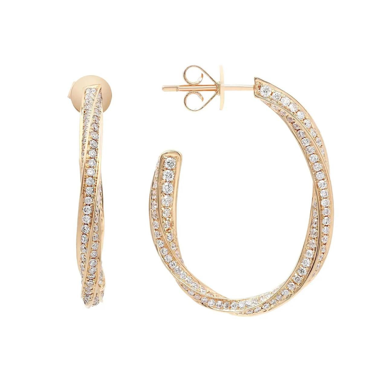 2.04 Carat Pave Set Round Cut Twist Diamond Hoop Earrings 18k Yellow Gold In New Condition For Sale In New York, NY