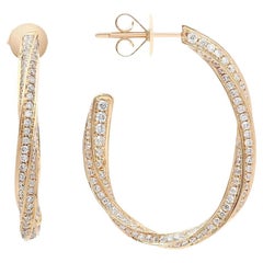 2.04 Carat Pave Set Round Cut Twist Diamond Hoop Earrings 18k Yellow Gold