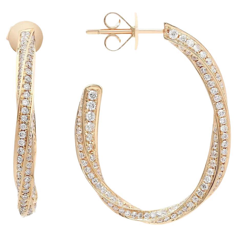 2.00 Carat Pave Set Round Cut Twist Diamond Hoop Earrings 18k Yellow Gold