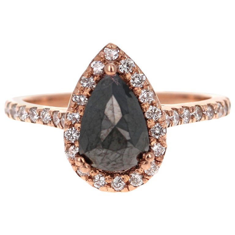 2.04 Carat Pear Cut Black Diamond 14 Karat Rose Gold Engagement Ring For Sale