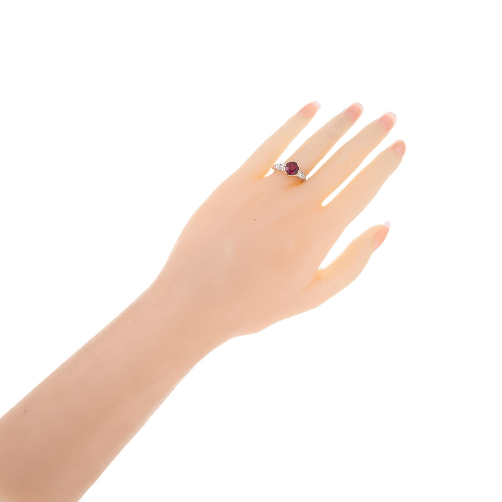 2.04 Carat Round Red Tourmaline Diamond Mid-Century Platinum Engagement Ring For Sale 2