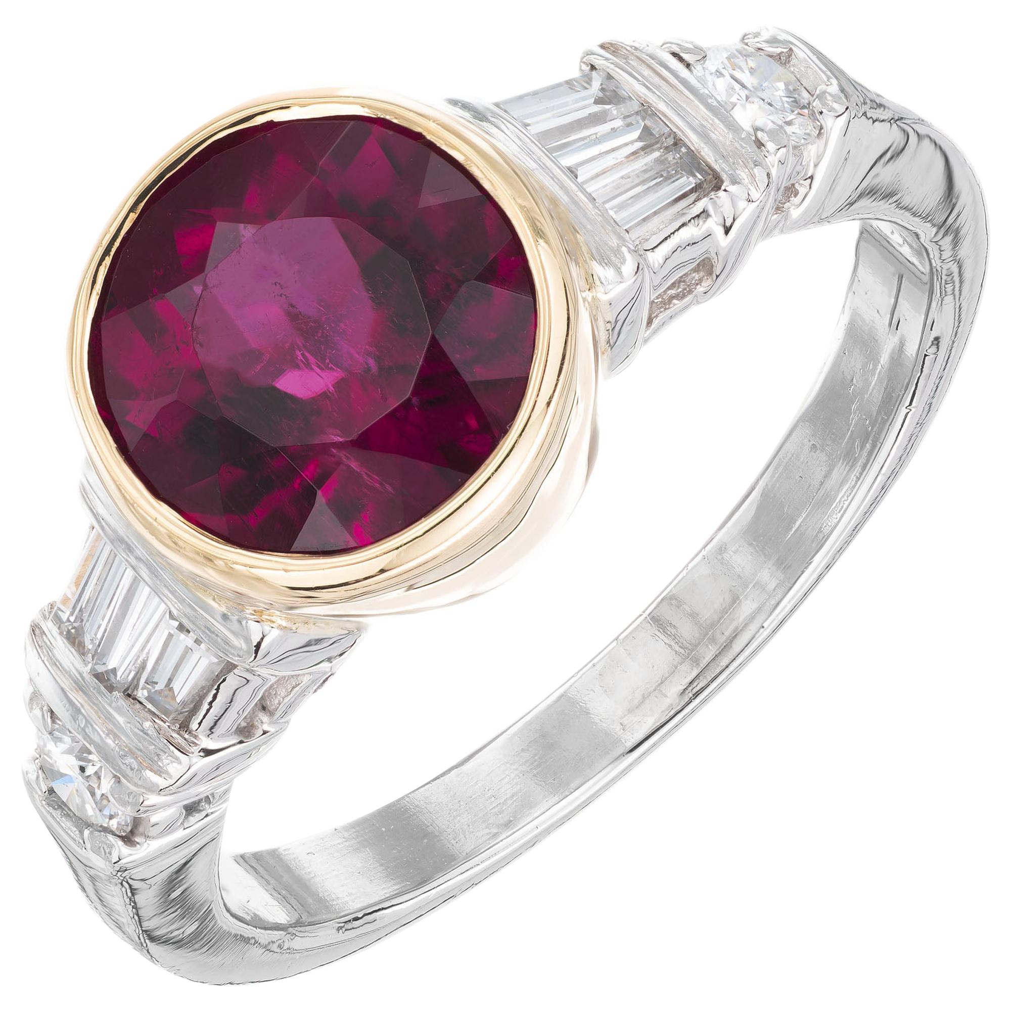 2.04 Carat Round Red Tourmaline Diamond Mid-Century Platinum Engagement Ring For Sale