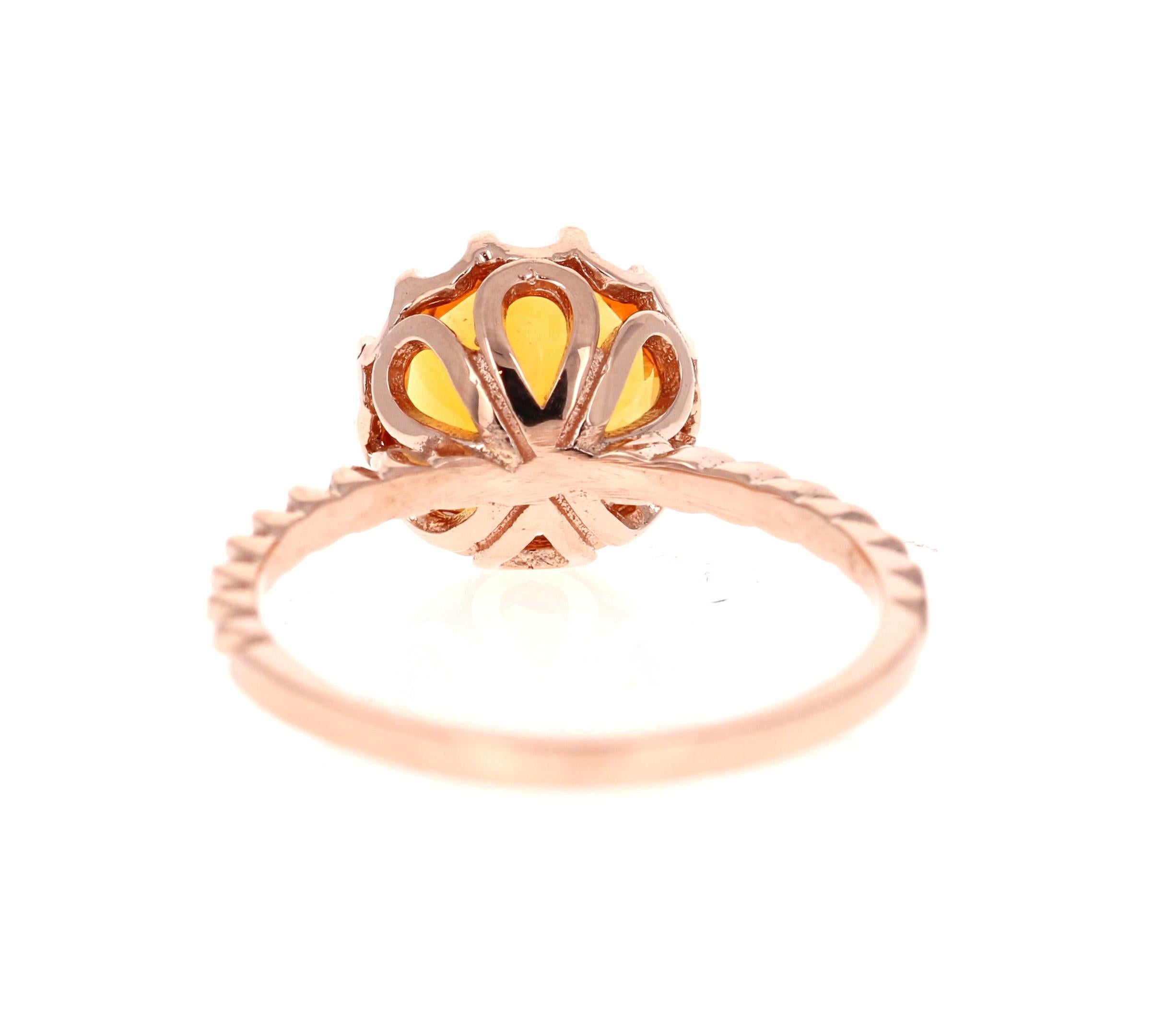 Modern 2.04 Carat Round Cut Citrine Quartz Rose Gold Ring For Sale