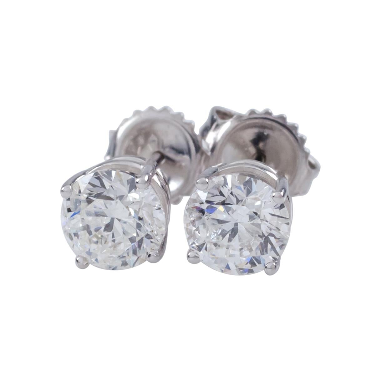 2.04 Carat Round Diamond Stud Earrings in White Gold with Butterfly Backs For Sale