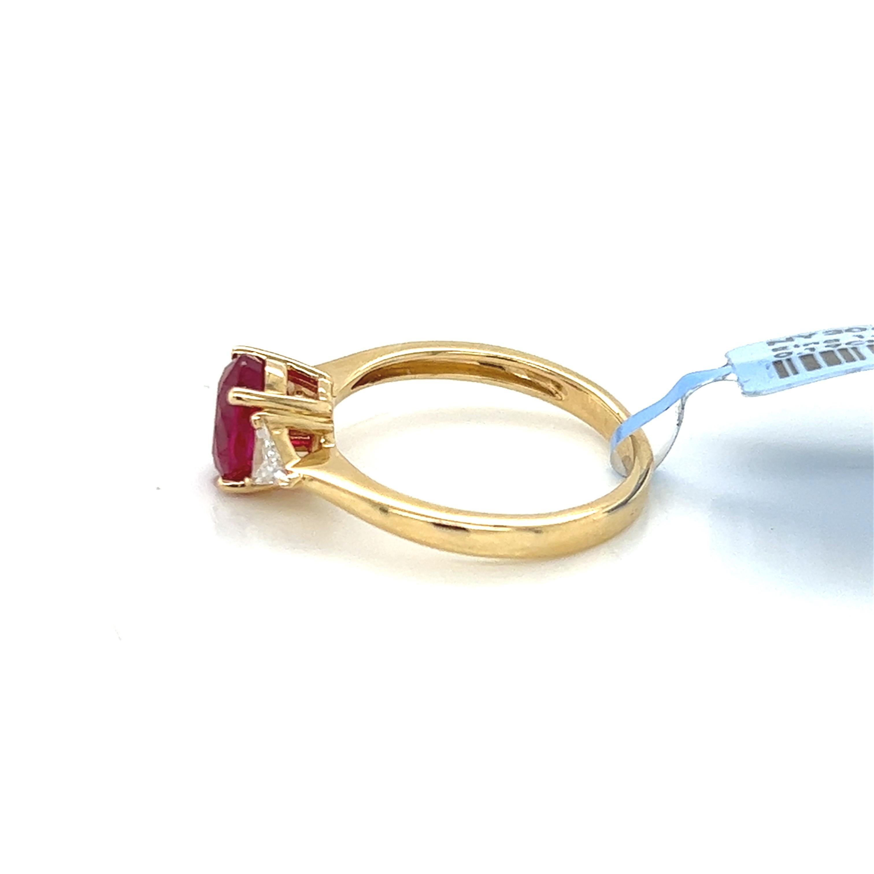 Oval Cut 2.04 Carat Ruby and Diamond Trillion Three Stone Ring For Sale