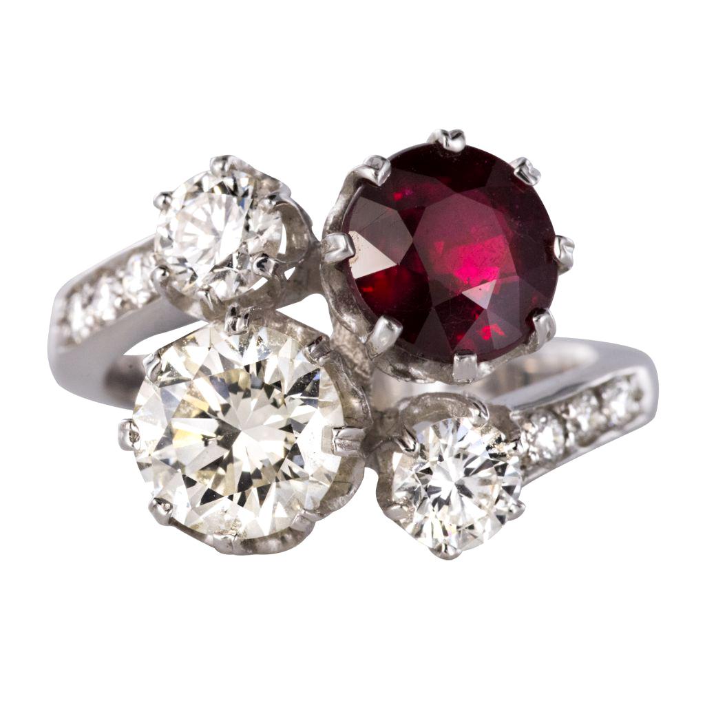 French 2.04 Carat Ruby Diamond 18 Karat White Gold Toi et Moi Engagement Ring For Sale