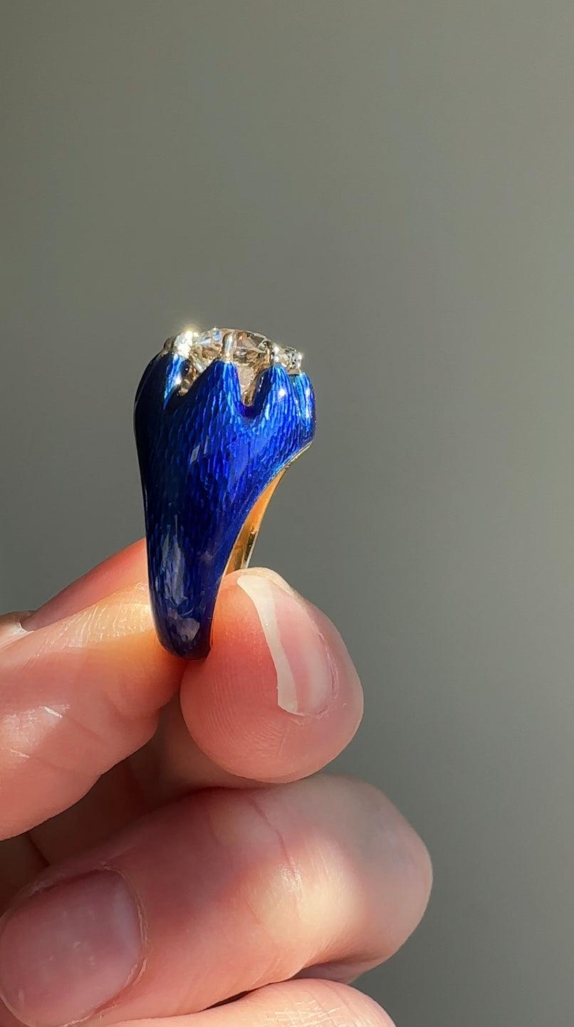 2.04 Carat Solitaire Diamond in Blue Guilloche Enamel Setting For Sale 5
