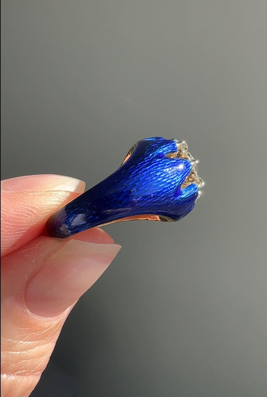 2.04 Carat Solitaire Diamond in Blue Guilloche Enamel Setting In Good Condition For Sale In Hummelstown, PA