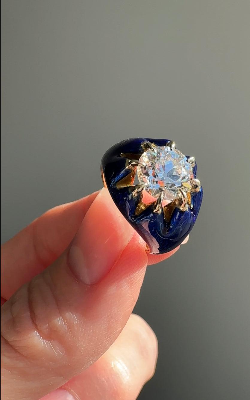 2.04 Carat Solitaire Diamond in Blue Guilloche Enamel Setting For Sale 4