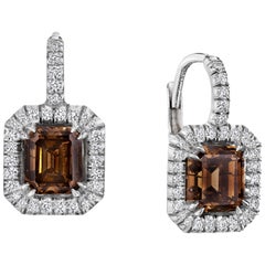 2.04 Carat ‘tw’ Whiskey Brown Emerald Cut Diamond Halo Earrings in 18 Karat Gold
