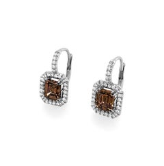 2.04 Carat ‘tw’ Whiskey Brown Emerald Cut Diamond Halo Earrings in 18 Karat Gold