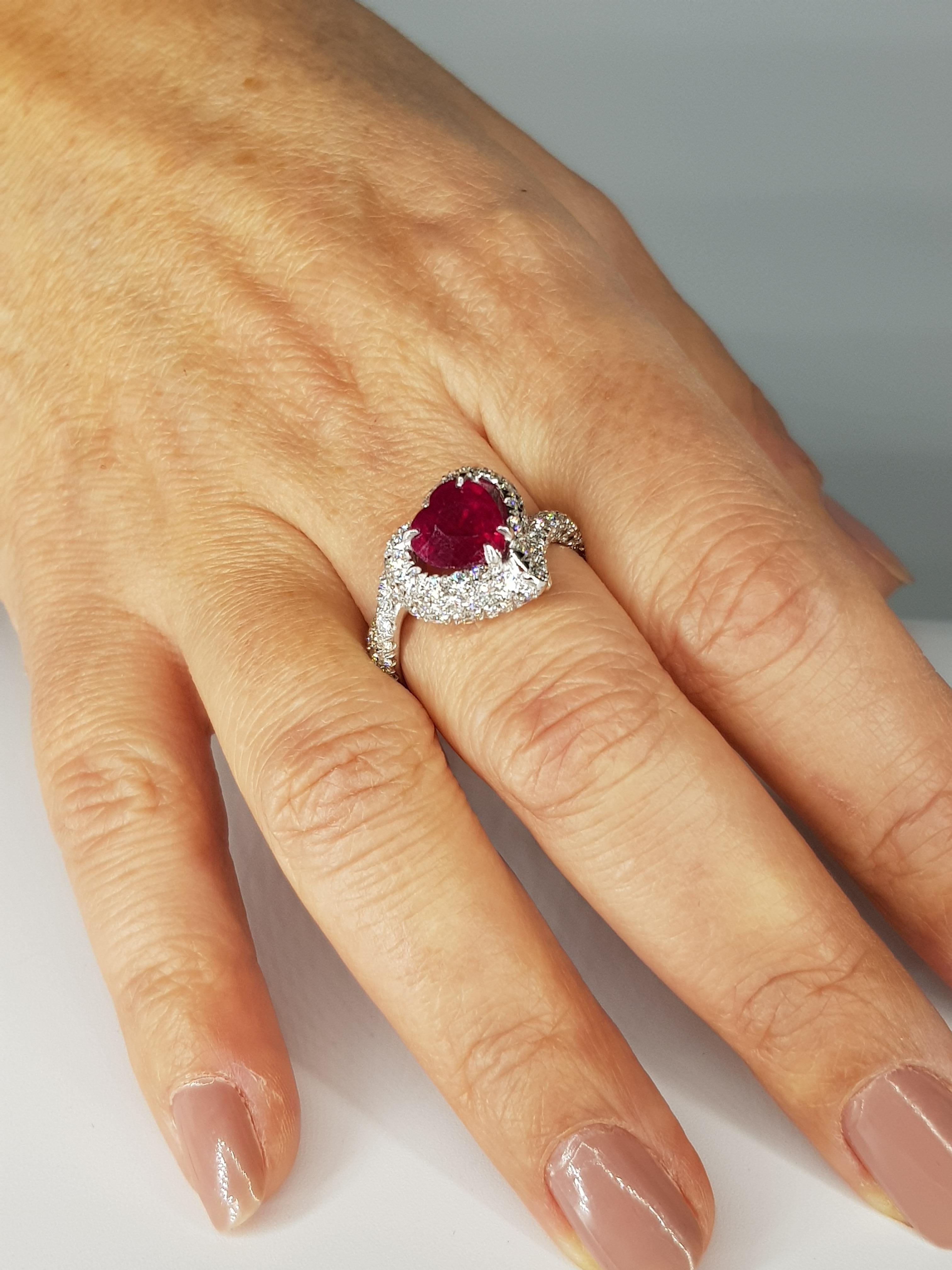 Heart Cut 2.04 Carats Ruby with a pavé of 2.24 carats of white diamonds Cocktail Ring For Sale
