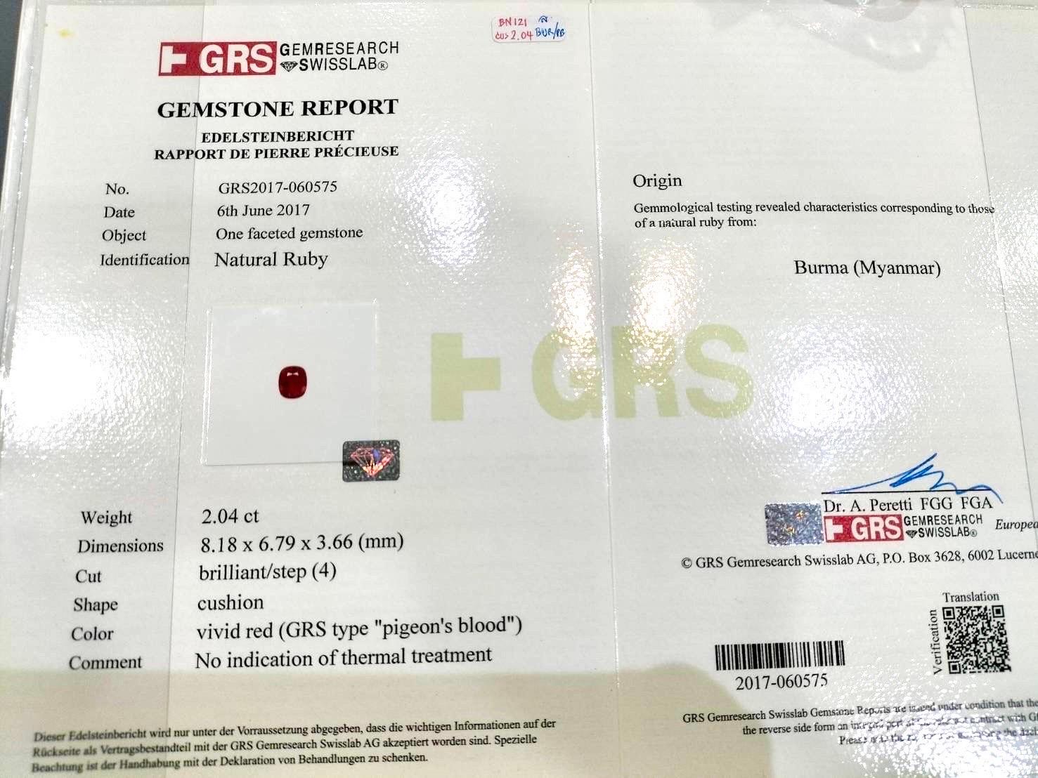 da uomo o donna 2,04 carati di rubino di Birmania non riscaldato, certificato GRS, di colore sangue di piccione, di ottima qualità in vendita
