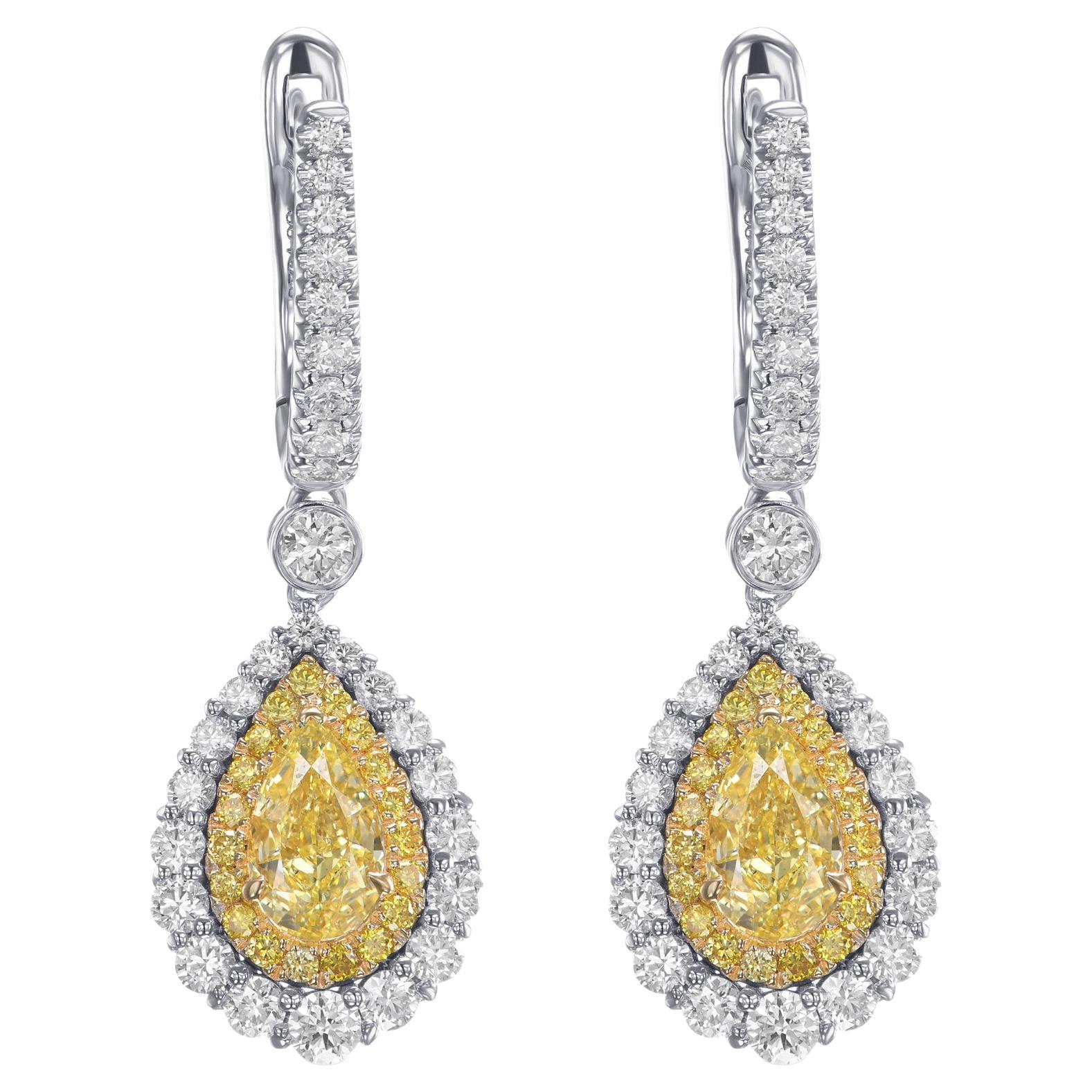2.04 cts tw Fancy Intense Yellow Pear Diamond Halo Drop Earrings For Sale