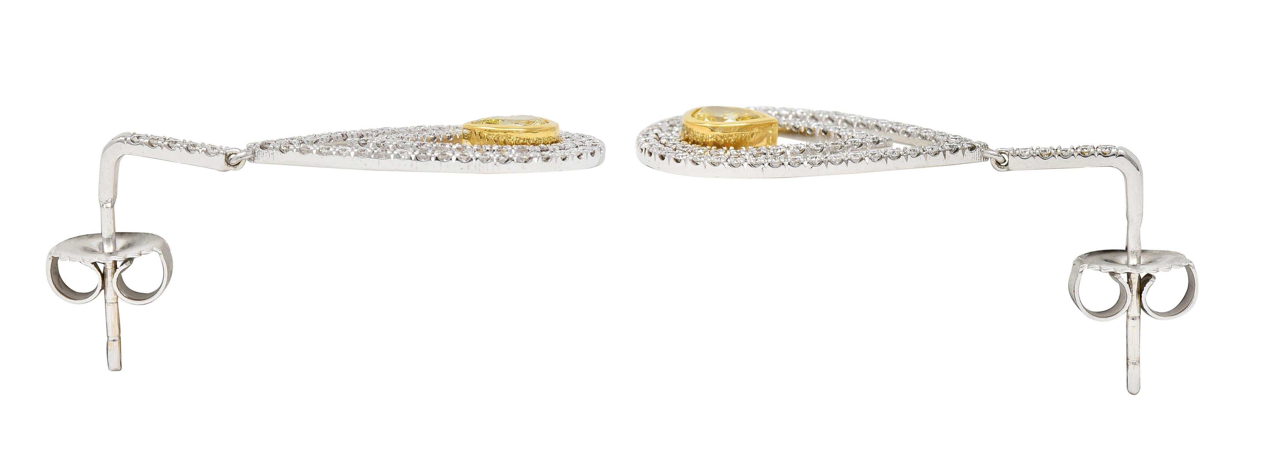 2.04 CTW Fancy Yellow Pear Cut Diamond 18 Karat Two-Tone Gold Drop Earrings For Sale 2