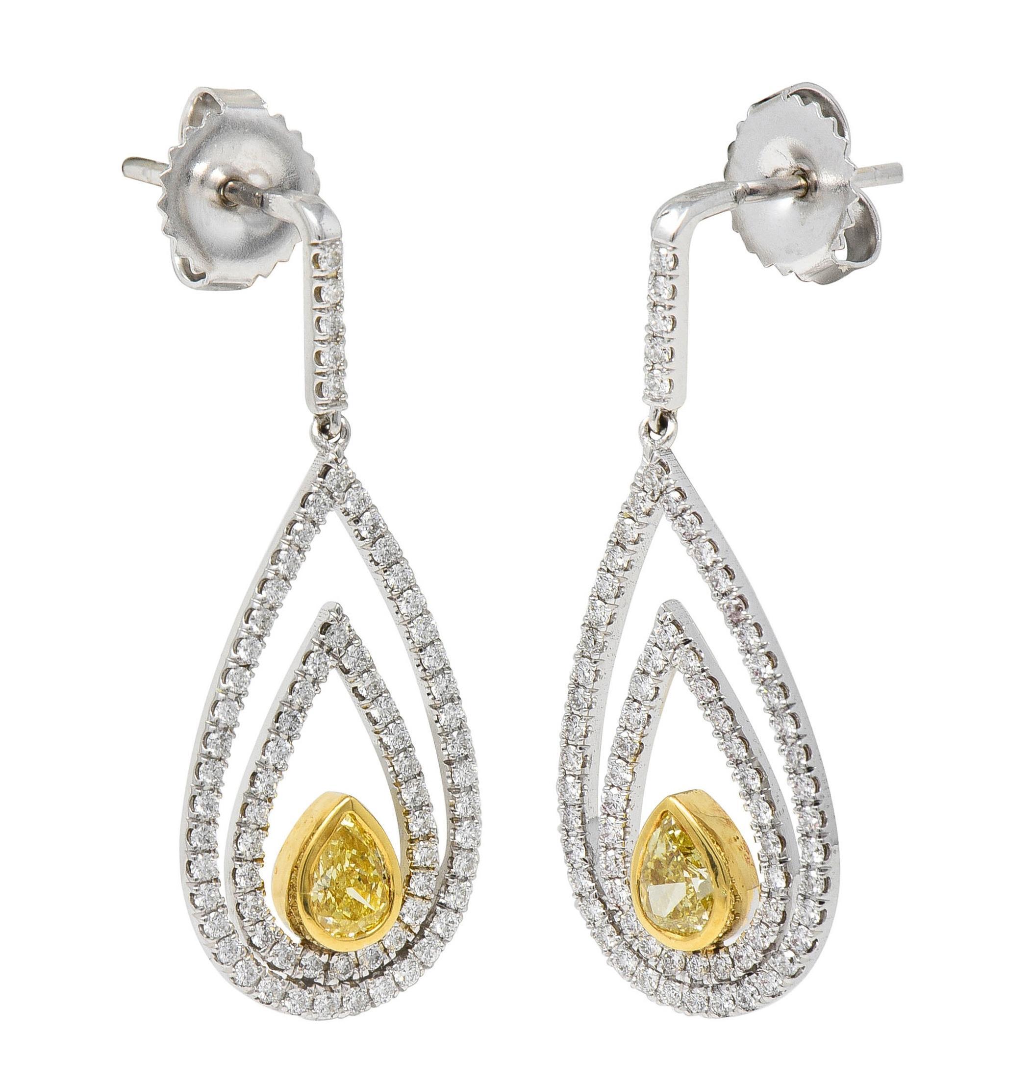 2.04 CTW Fancy Yellow Pear Cut Diamond 18 Karat Two-Tone Gold Drop Earrings For Sale 3