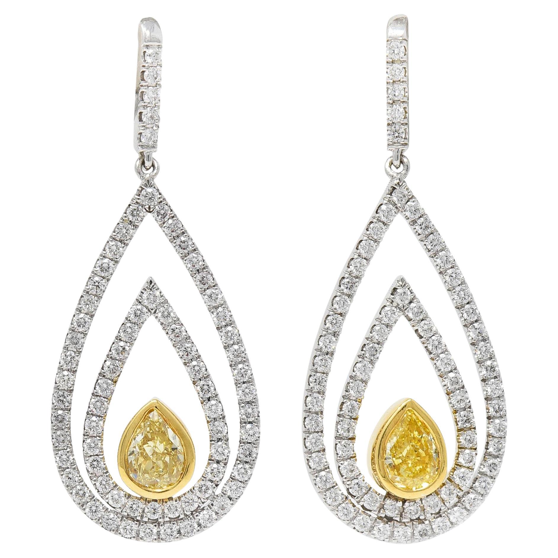 2.04 CTW Fancy Yellow Pear Cut Diamond 18 Karat Two-Tone Gold Drop Earrings For Sale