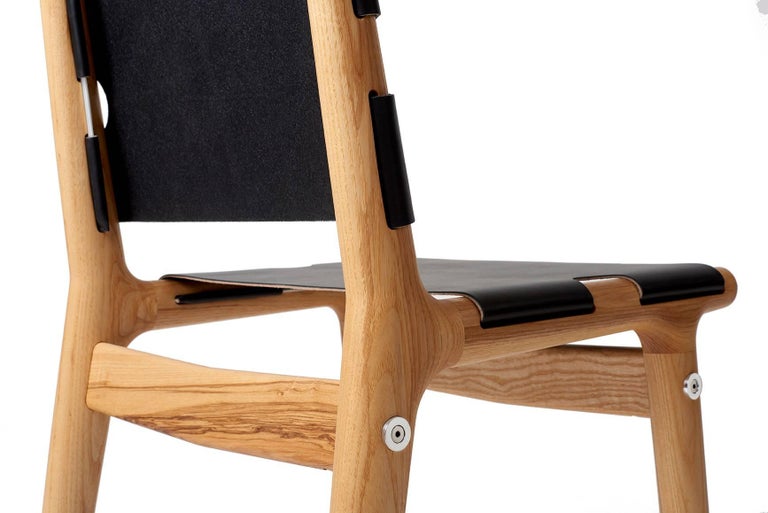 204 Dining Chair, Modern Ash Hardwood, Black Harness Leather, Polished Aluminum For Sale at 1stdibs