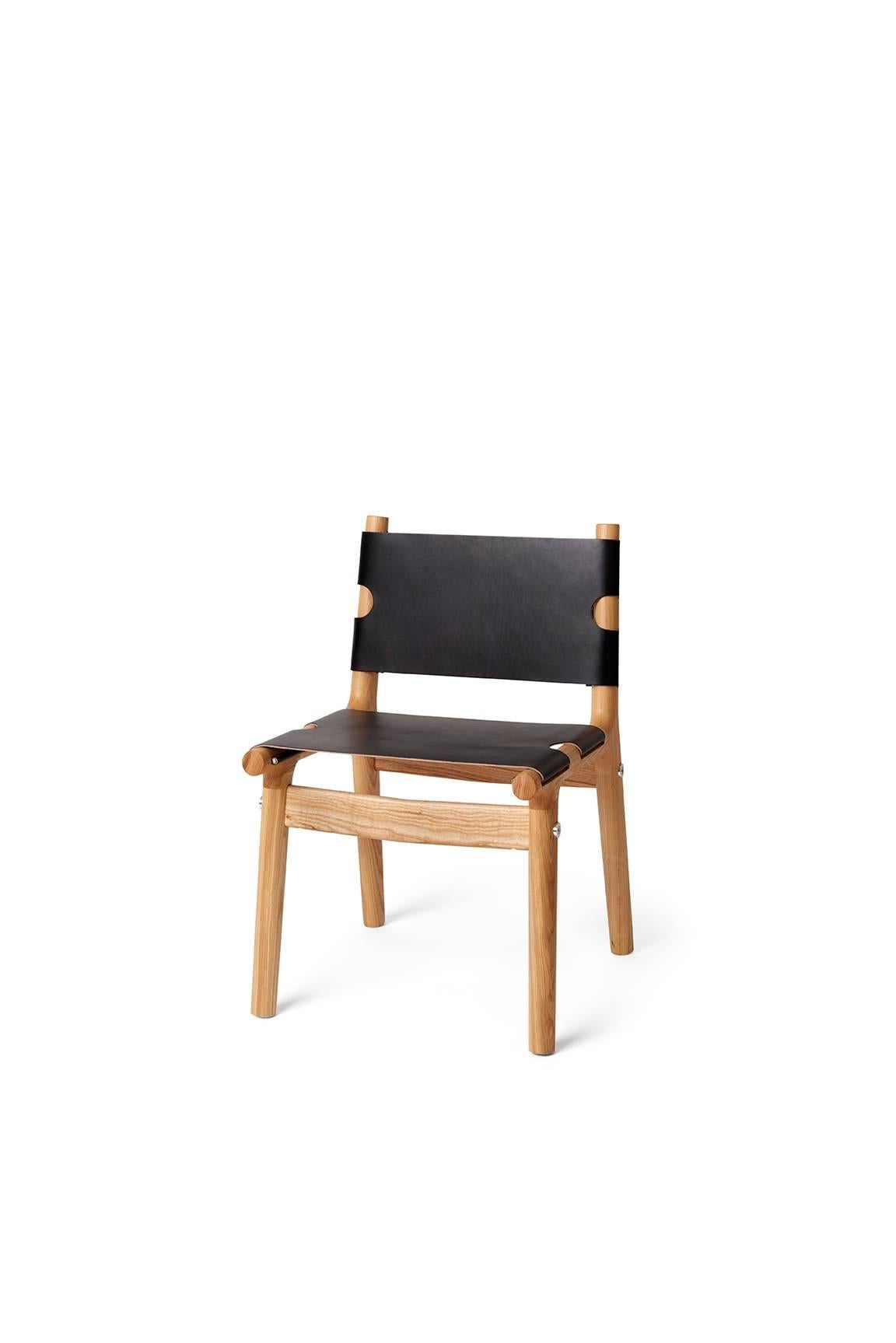 American 204 Side Chair, Modern Ash Hardwood, Tan Harness Leather, and Polished Aluminium For Sale