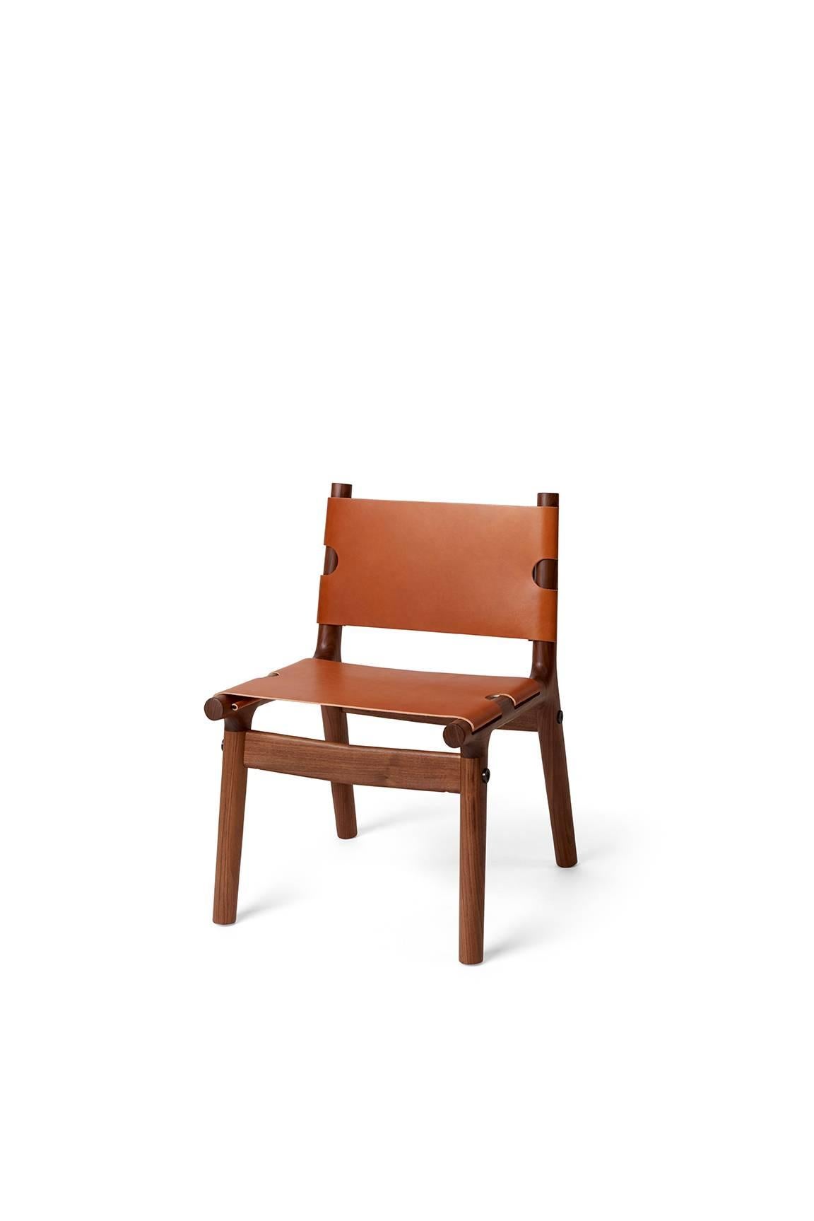 Contemporary 204 Side Chair, Modern Ash Hardwood, Tan Harness Leather, and Polished Aluminium For Sale