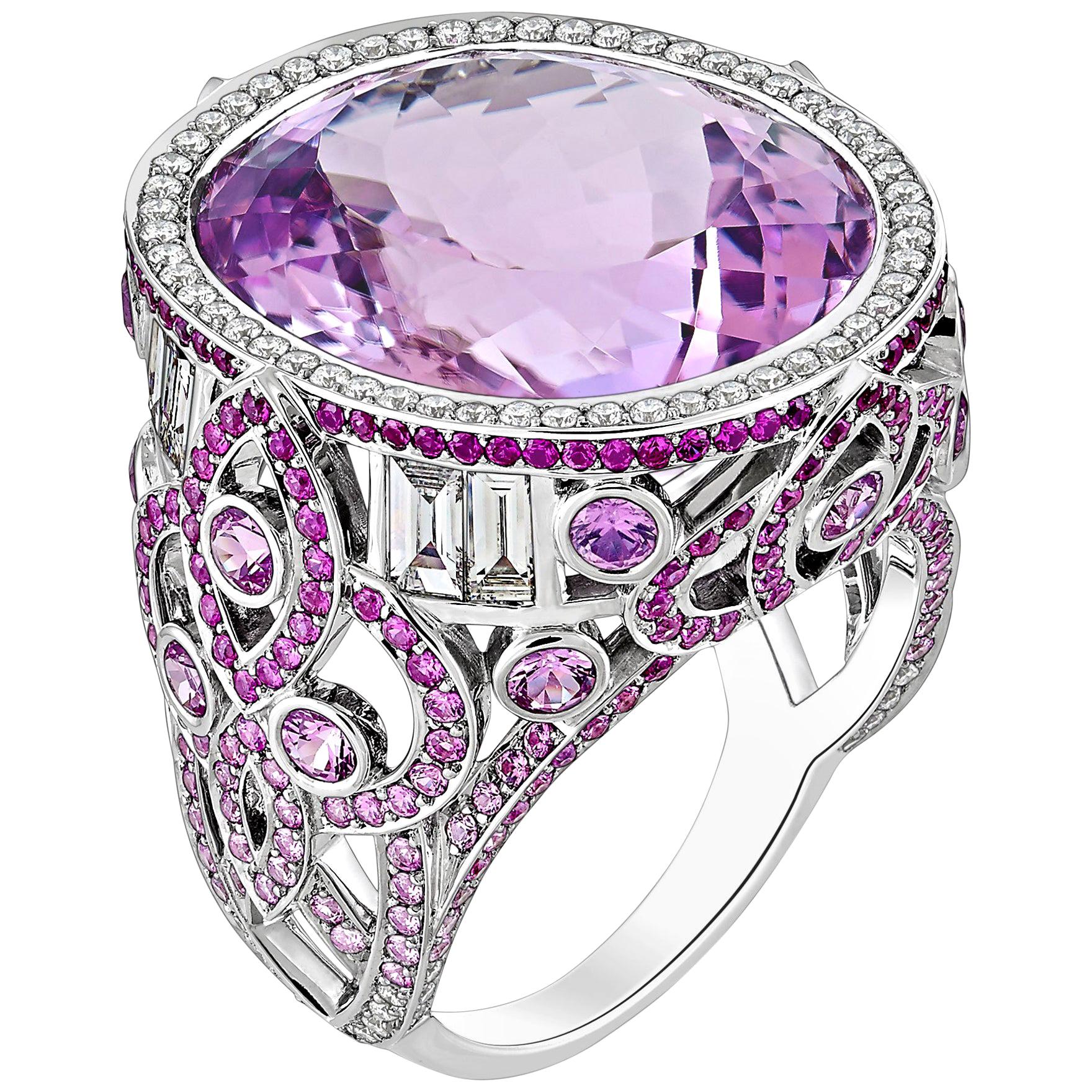 20.40 Carat Kunzite with Pink Fancy Sapphires and Diamond Fading Ring 18K Gold For Sale