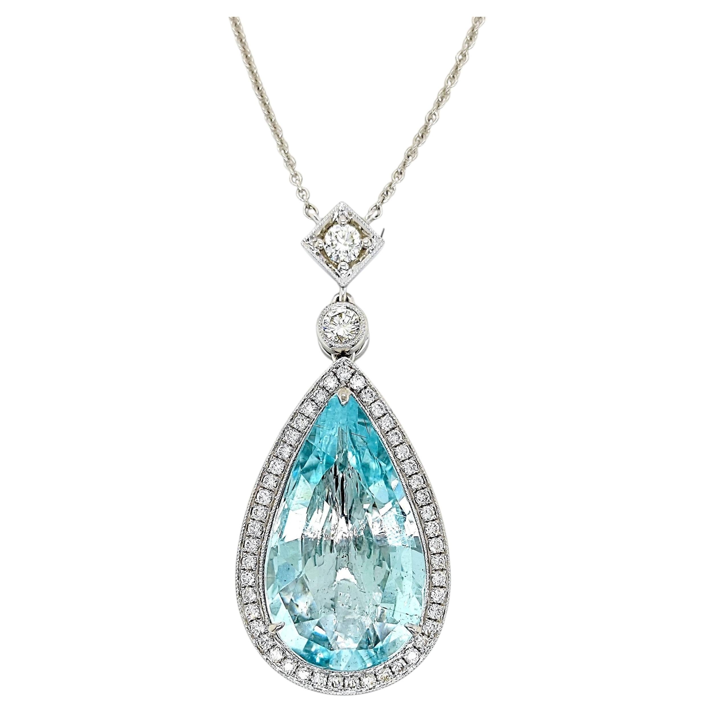 20.41 Carat Aquamarine Round Diamond White Gold Necklace For Sale