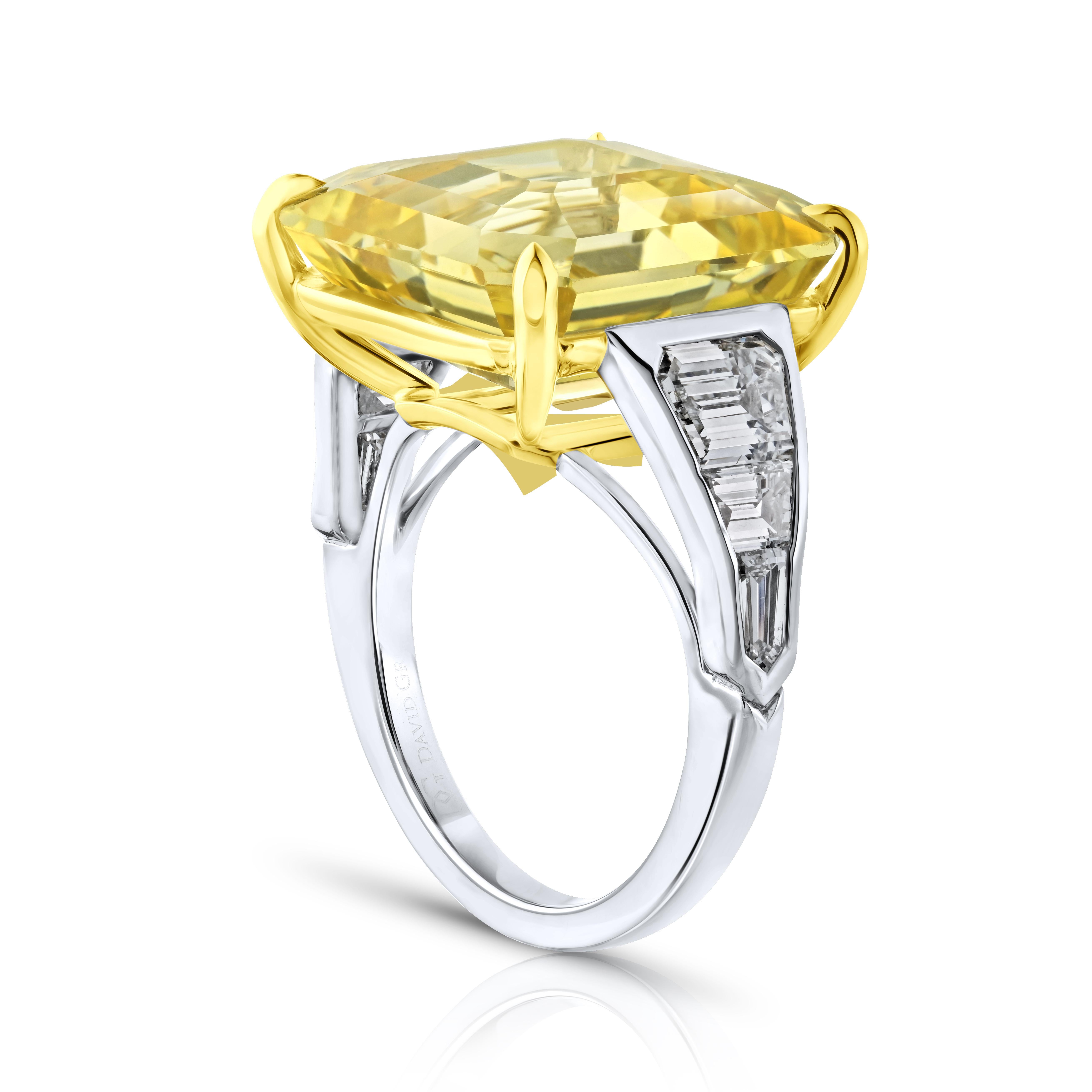 20.41 carat Asscher Yellow Sapphire with Diamonds 2.08 carats set in a handmade Platinum & 18k ring
