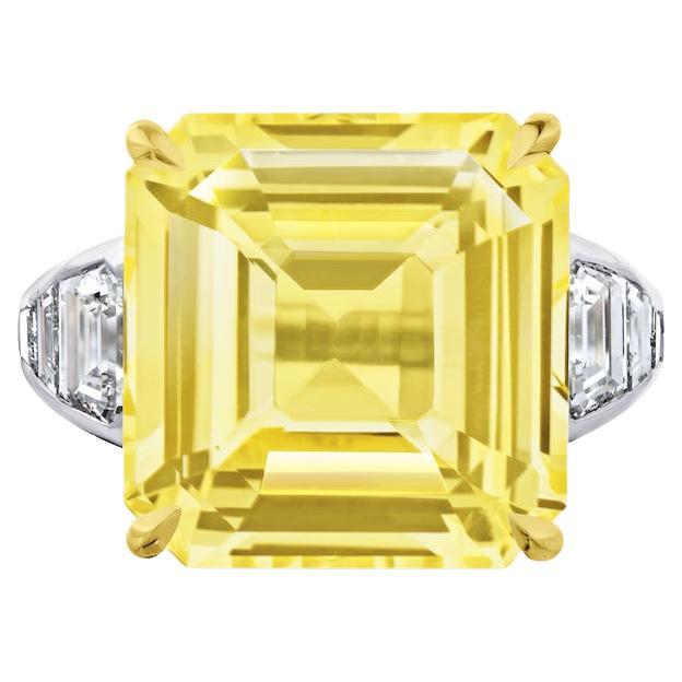 20.41 Carat Asscher Yellow Sapphire and Diamond Platinum Ring For Sale
