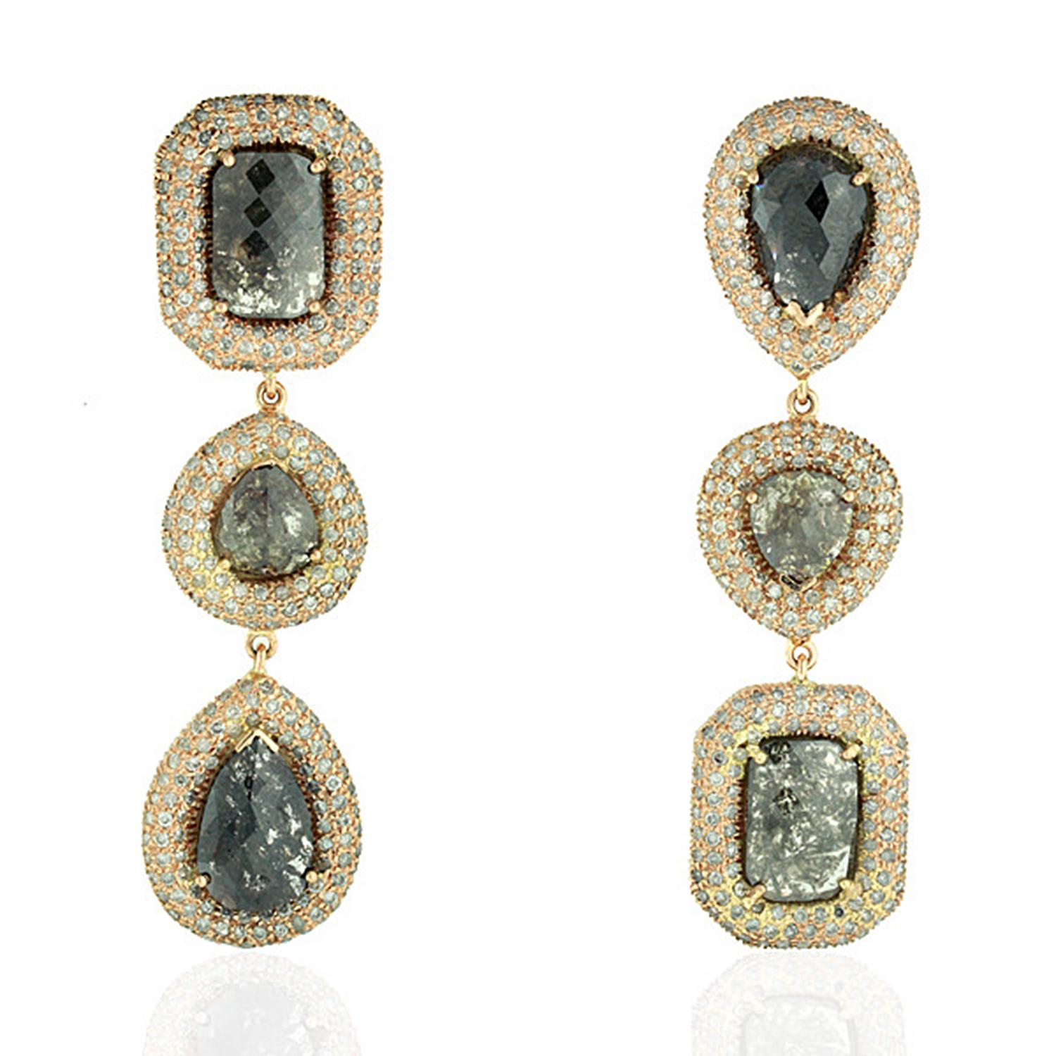 Uncut 20.41 Carat Fancy Diamond 14 Karat Gold Triple Drop Earrings For Sale