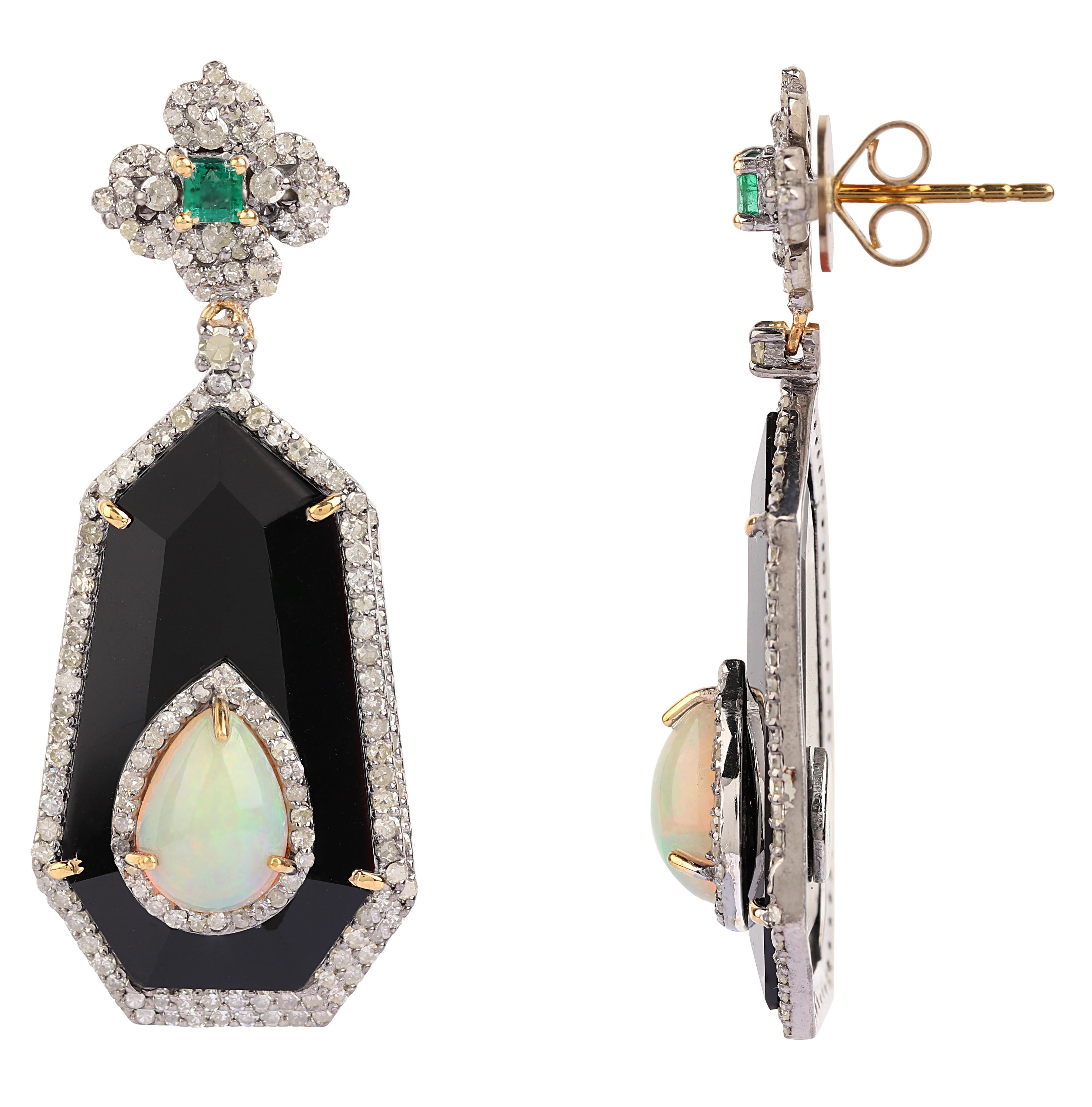 Art Deco 20.41 Carats Diamond, Emerald, Opal, and Onyx Drop Earrings in Art-Deco Style For Sale