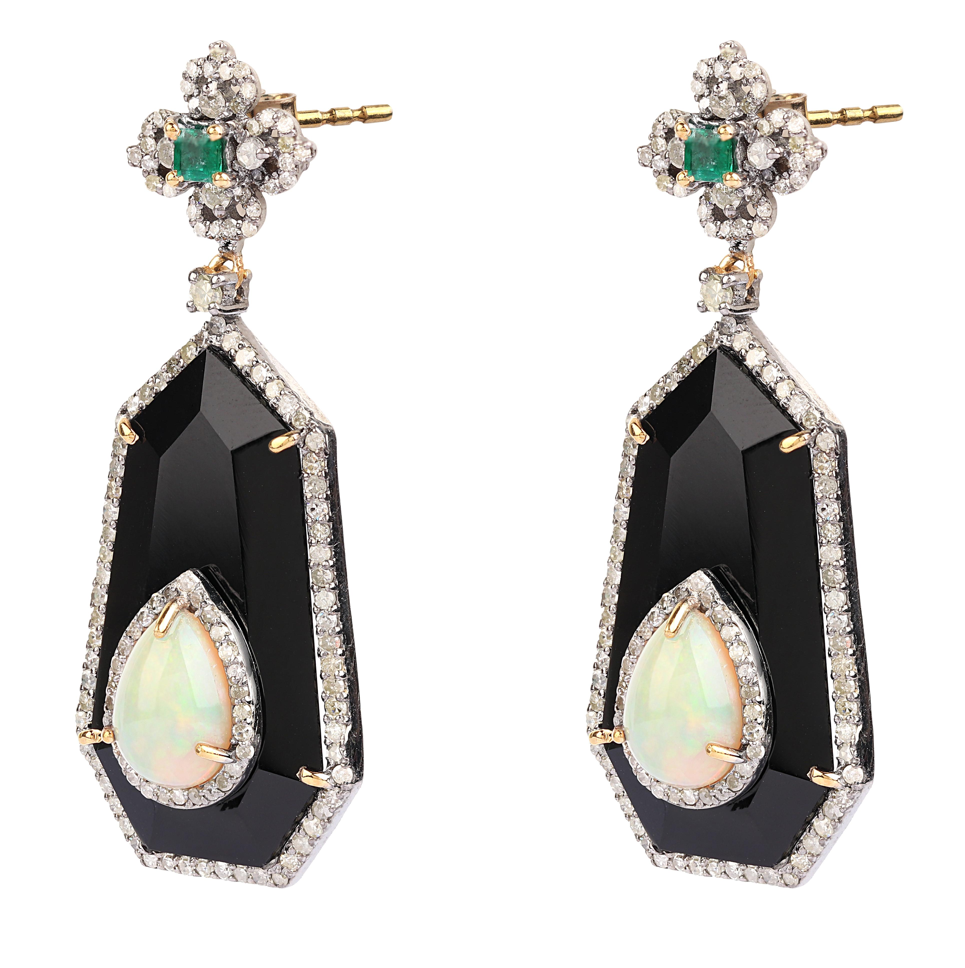 Pear Cut 20.41 Carats Diamond, Emerald, Opal, and Onyx Drop Earrings in Art-Deco Style For Sale