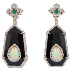 20.41 Carats Diamond, Emerald, Opal, and Onyx Drop Earrings in Art-Deco Style