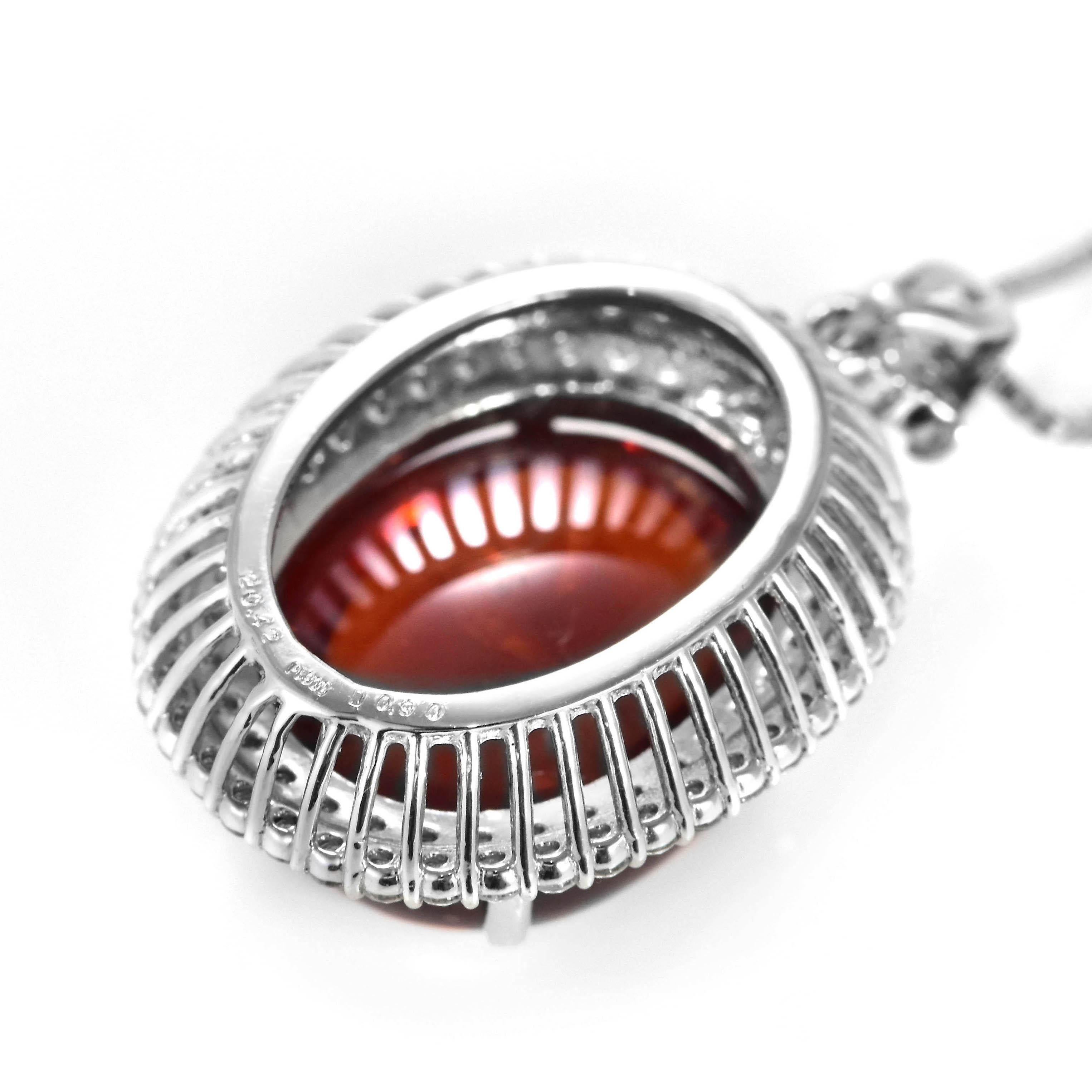 20.42 Carat Natural Cabochon Mandarin Garnet & Diamond Pendant Made in Platinum For Sale 5