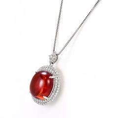 20.42 Carat Natural Cabochon Mandarin Garnet & Diamond Pendant Made in Platinum