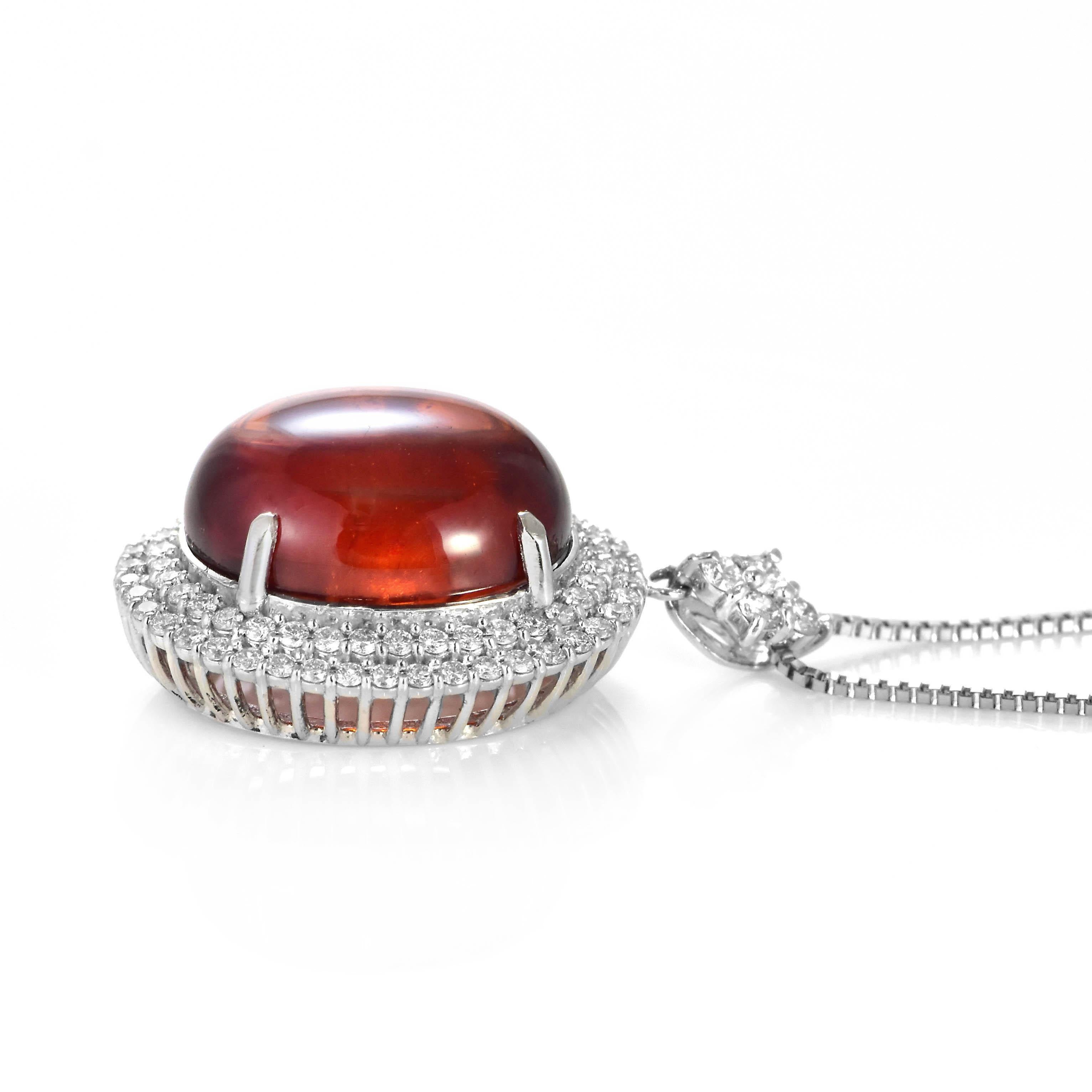 20.42 Carat Natural Cabochon Mandarin Garnet & Diamond Pendant Made in Platinum For Sale 3