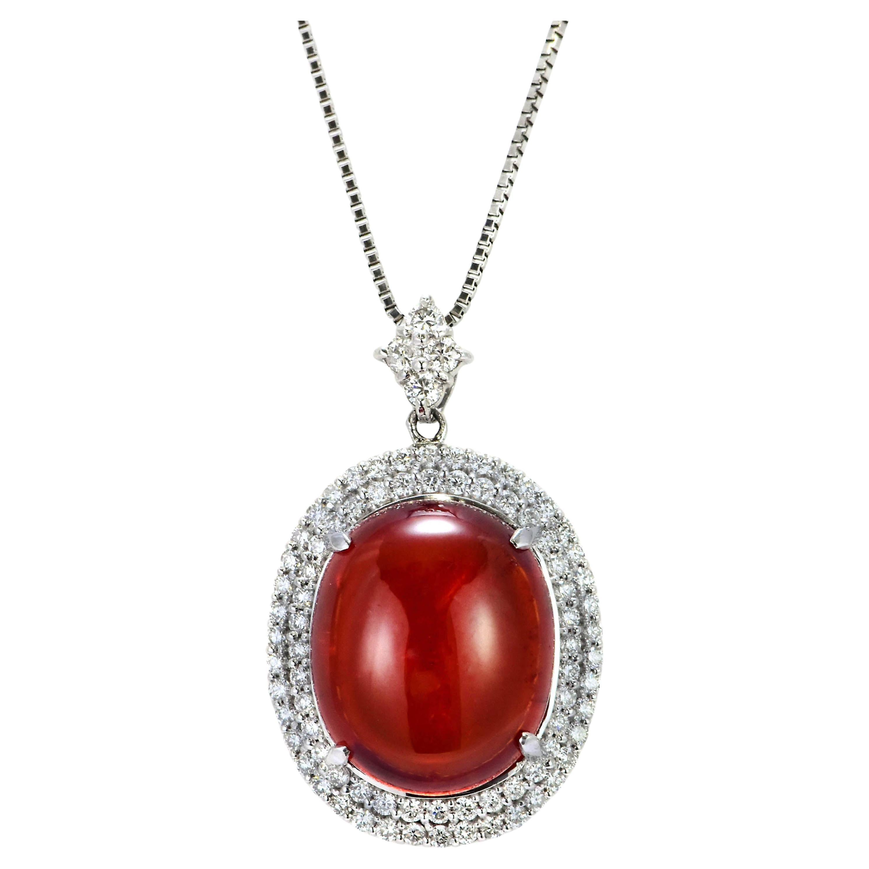 20.42 Carat Natural Cabochon Mandarin Garnet & Diamond Pendant Made in Platinum For Sale