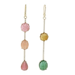 Boucles d'oreilles pendantes longues en or 14 carats, ornées de diamants et de tourmalines multicolores taillées, 20,42 carats