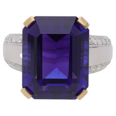 20.45 Carat Emerald Cut Tanzanite & Diamond in 14K Two Tone Gold Cocktail Ring