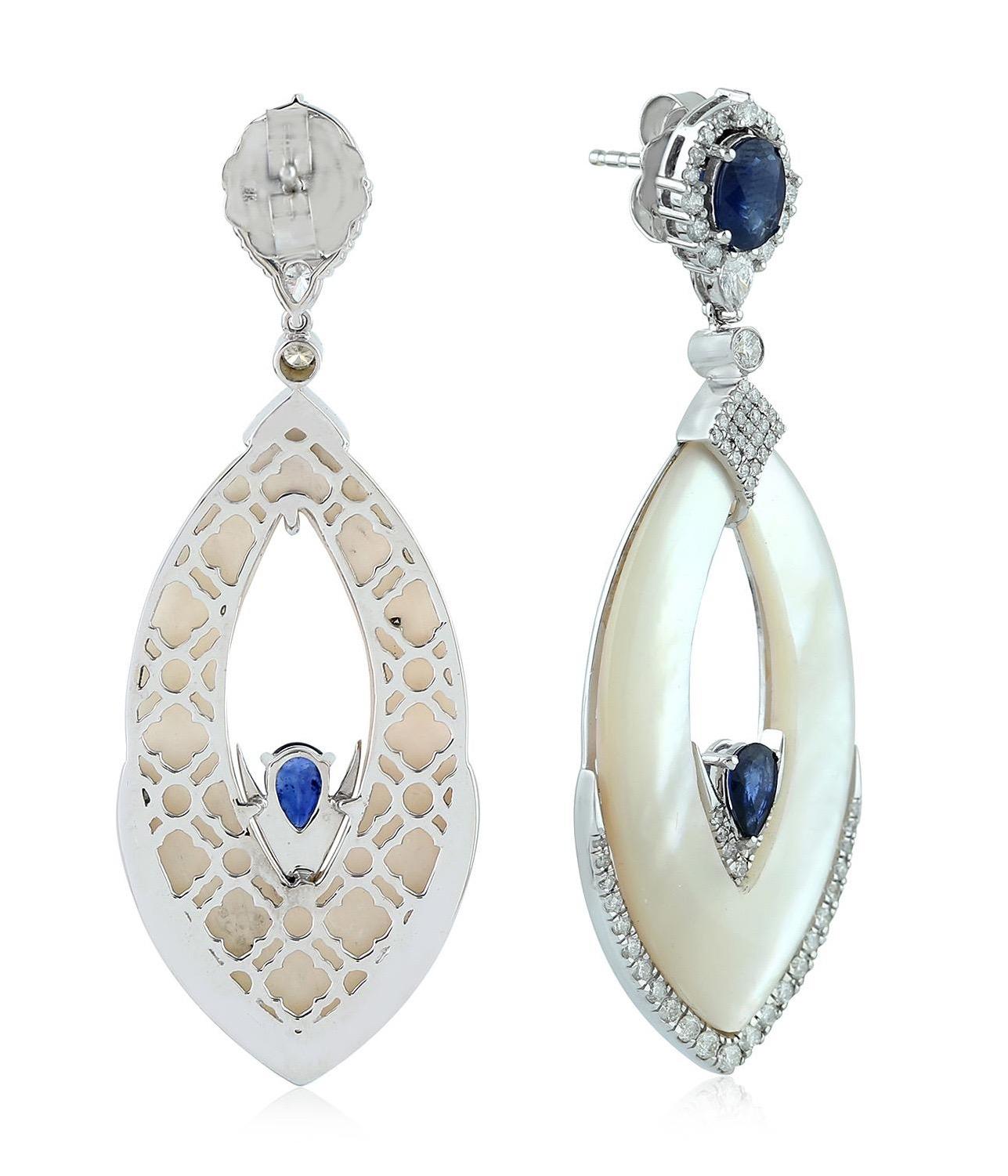 Modern 20.47 Carat Mother of Pearl Blue Sapphire 18 Karat Gold Diamond Earrings For Sale