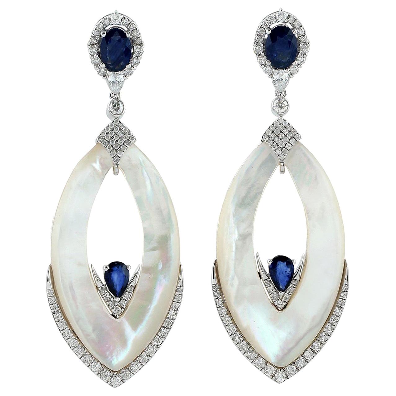 20.47 Carat Mother of Pearl Blue Sapphire 18 Karat Gold Diamond Earrings For Sale