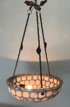 20.47" Exceptional Large Mosaic Veined Alabaster Bowl Pendant, France, ca.1920s