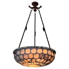 20.47" Exceptional Large Mosaic Veined Alabaster Bowl Pendant, France, ca.1920s