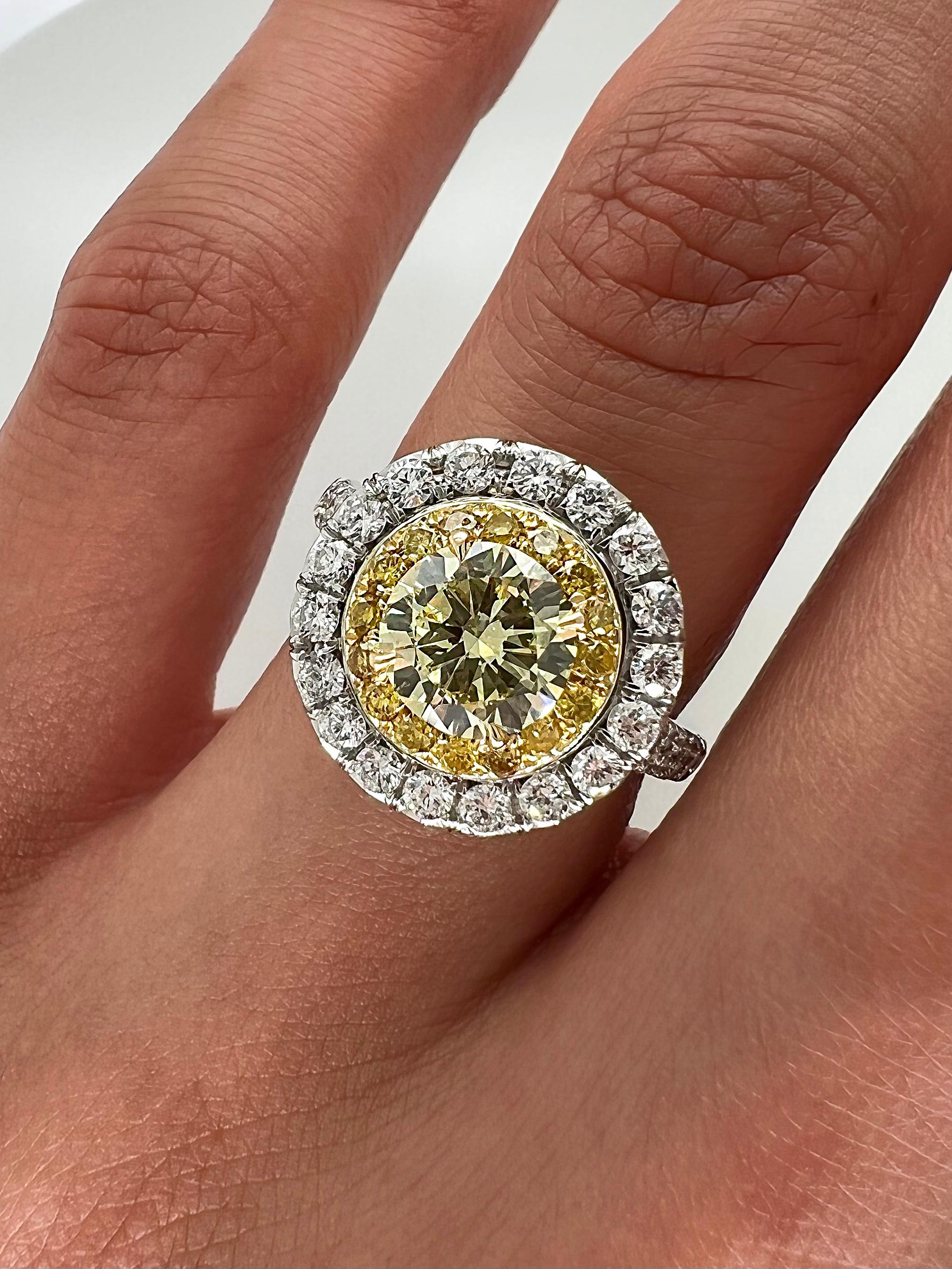 Women's or Men's 2.04 Total Carat Fancy Yellow Diamond Ladies Engagement Ring GIA For Sale