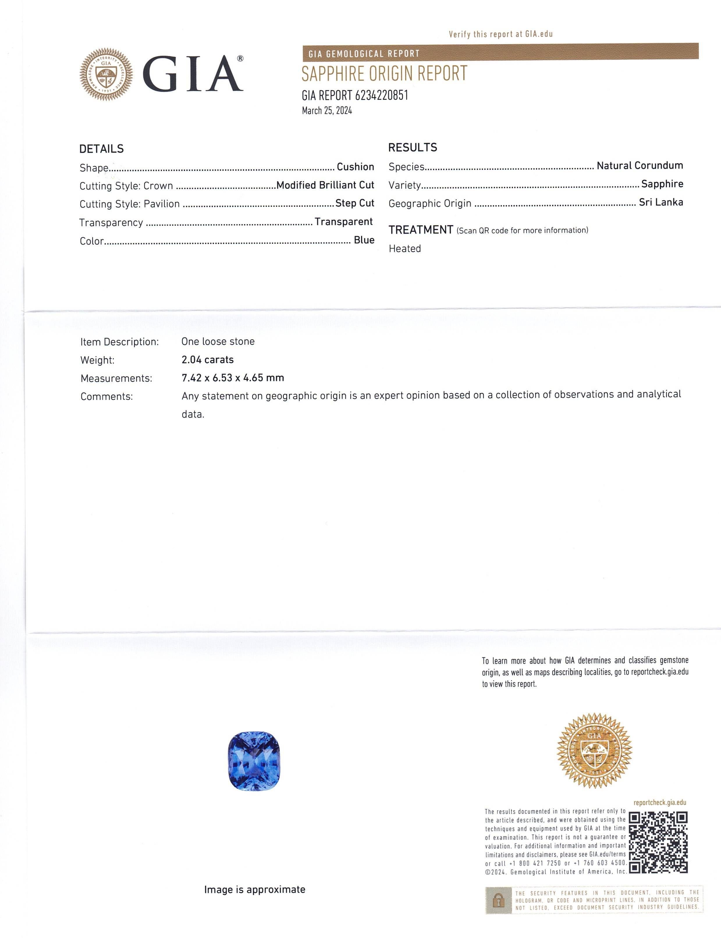 Si tratta di uno splendido zaffiro certificato GIA 


Il rapporto GIA recita come segue:

Numero del rapporto GIA: 6234220851
Forma: Cuscino
Stile di taglio: 
Stile di taglio: Corona: Taglio brillante modificato
Stile di taglio: Padiglione: Taglio a