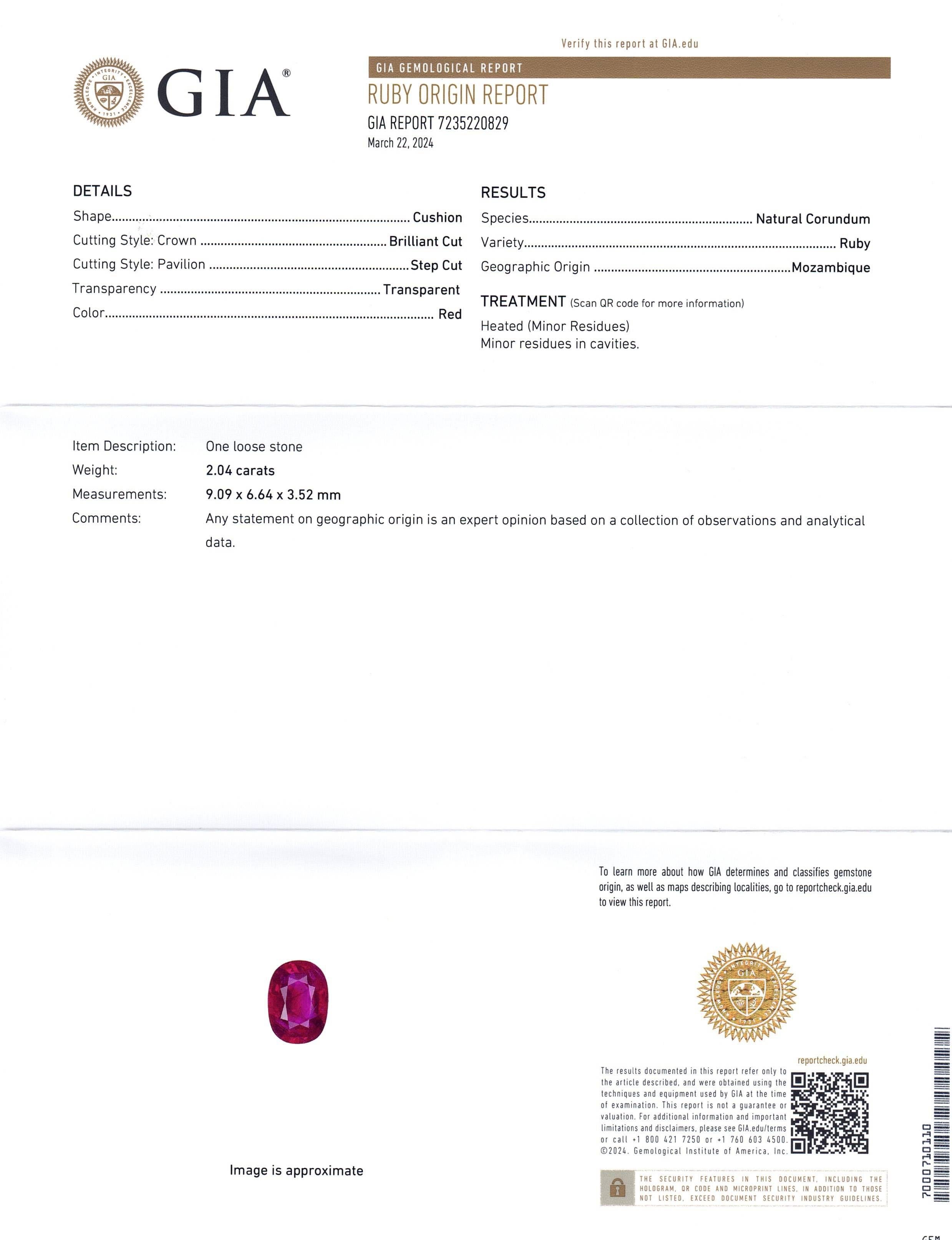 2.04ct Coussin Rubis Vivid Rouge Certifié GIA Mozambique Unisexe en vente