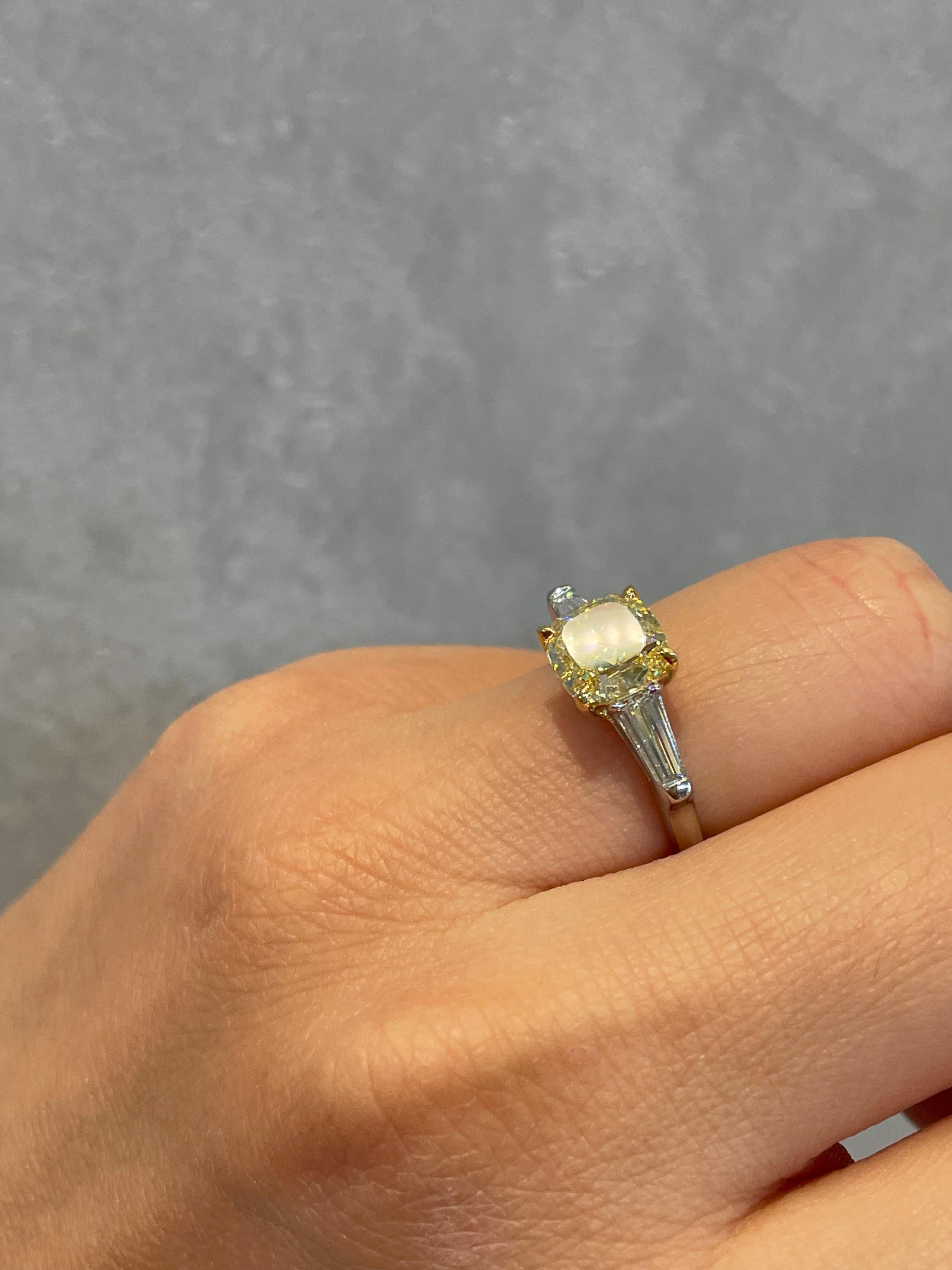 For Sale:  2.04ct Fancy Yellow Diamond with 0.50ct Baguette cut White Diamonds Ring 9
