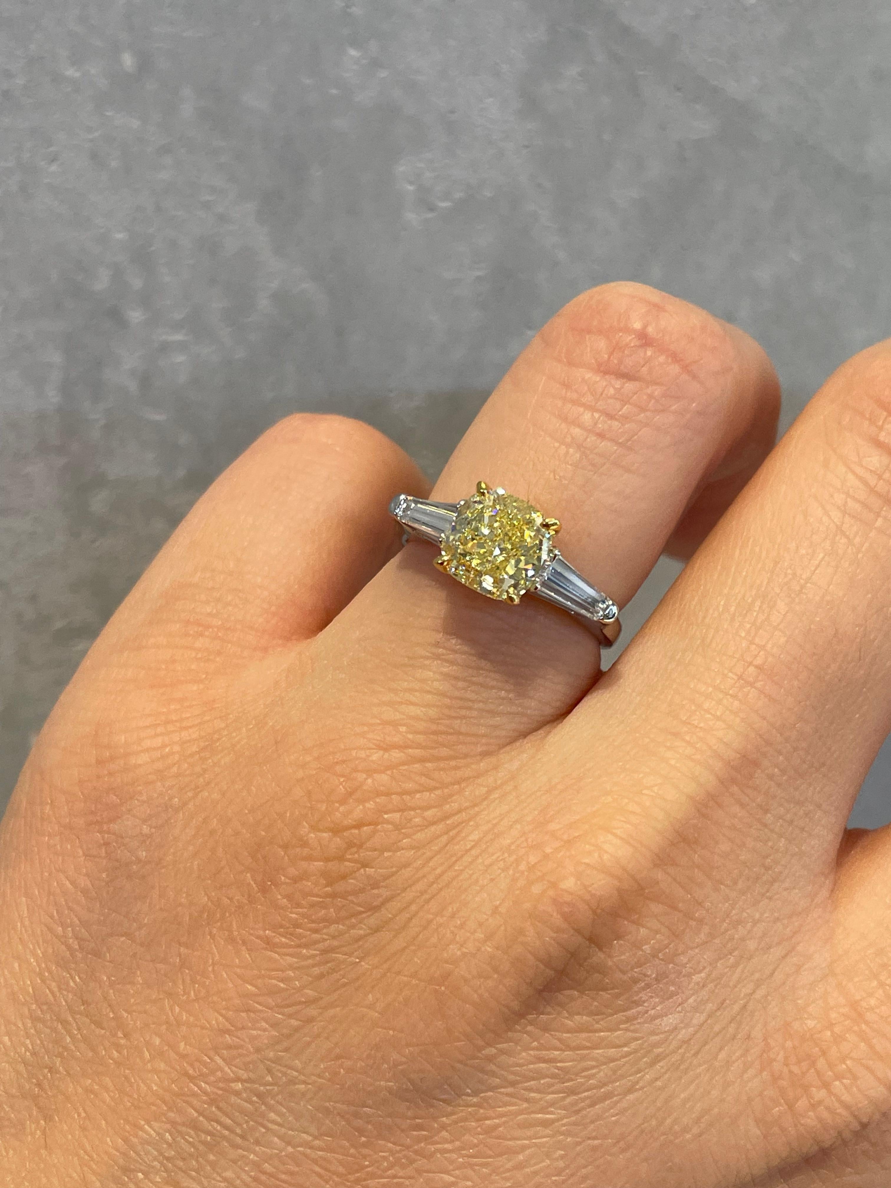 For Sale:  2.04ct Fancy Yellow Diamond with 0.50ct Baguette cut White Diamonds Ring 8