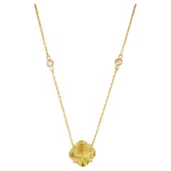 2.04ct Natural Lemon Topaz & Diamond Station Clover Pendant Necklace in 14K Gold